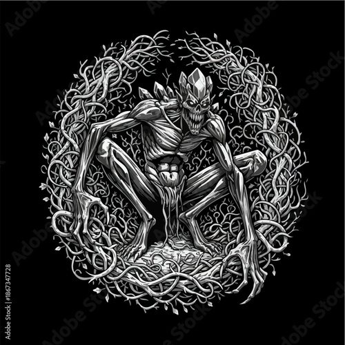 Dark Fantasy Creature Lurking in Thorny Vines Illustration