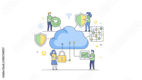 Digital Cloud Security and Data Protection Illustration with Team Collaboration