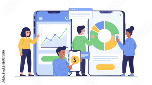 Collaborative team analyzing financial data and growth metrics on digital
