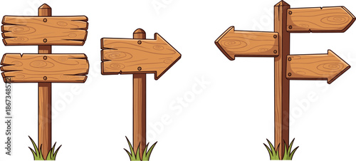 Cartoon-style wooden signposts with directional arrows and blank boards for maps, games, and outdoor wayfinding design.