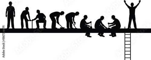 Silhouettes of construction workers on beam performing tasks with tools and teamwork for labor, industry, and site illustration.
