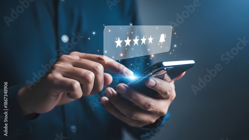 A person interacting with a smartphone and a digital rating interface