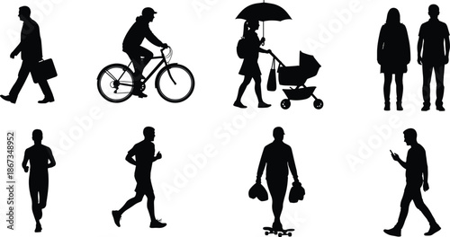 Silhouettes of people in everyday activities including walking, jogging, biking, and mobile use for lifestyle and motion design.