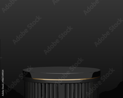 Dramatic spotlight illuminates a sleek cylindrical black product display stand