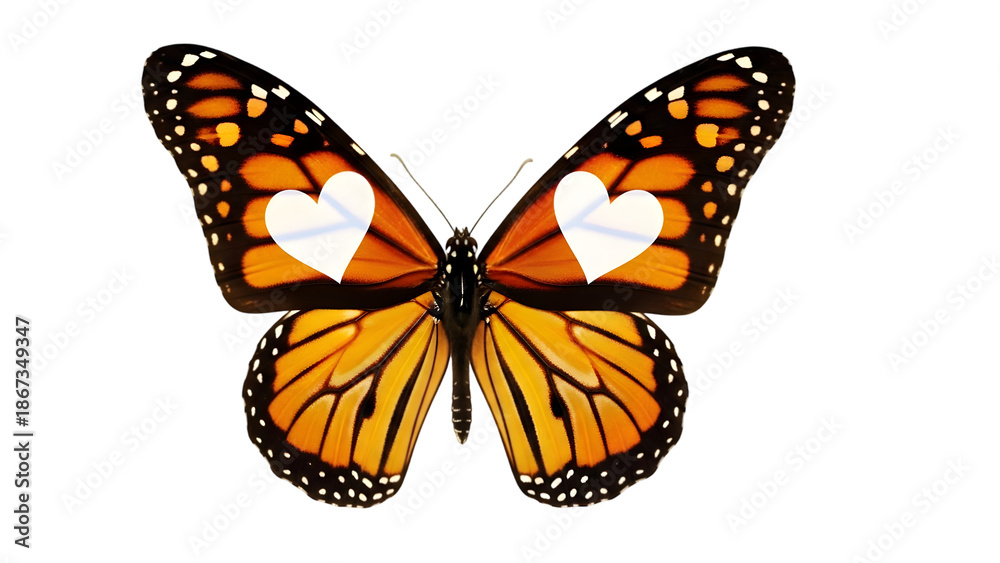 Fototapeta premium Monarch butterfly isolated on transparent background with heart shaped spots