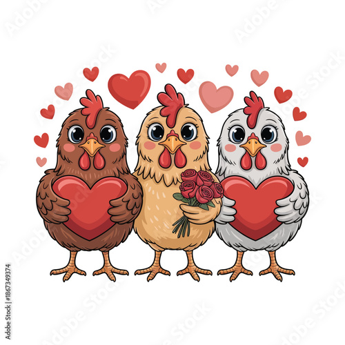 Three adorable cartoon chickens displaying love with hearts and flowers.