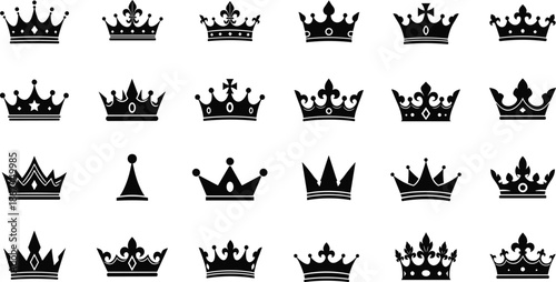 Royal crown silhouette icon set with various king queen tiara designs, heraldic monarchy symbols collection black vector illustration