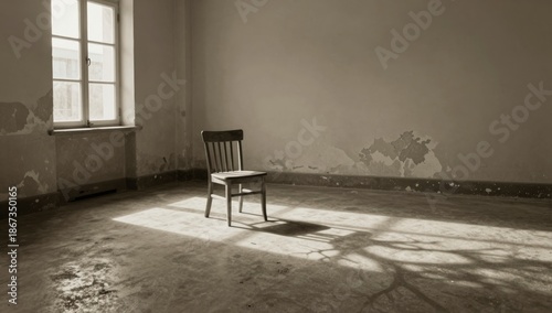 Empty wooden chair sits alone in a sunlit room with peeling paint and shadows