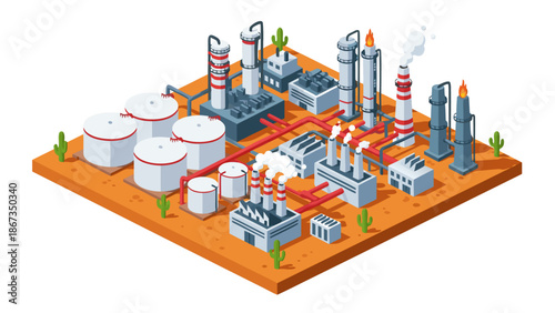 Isometric vector illustration of an industrial oil refinery complex with storage tanks and processing units in a desert environment