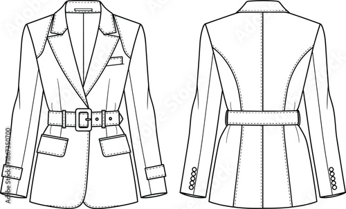 Women tailored blazer jacket technical fashion sketch front and back view with belt, modern formal outerwear apparel design illustration