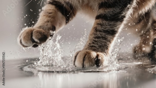 Close-up of a cats paws splashing in water.