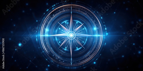 Ethical concepts. A futuristic compass design with a glowing blue center, surrounded by intricate patterns and a dark background, evoking a sense of navigation and exploration.
