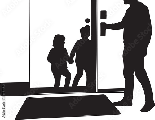 Family entering home together happy and safe