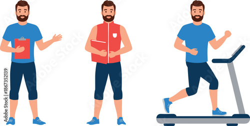 Vector Illustration Set of Male Fitness Coach and Treadmill Workout
