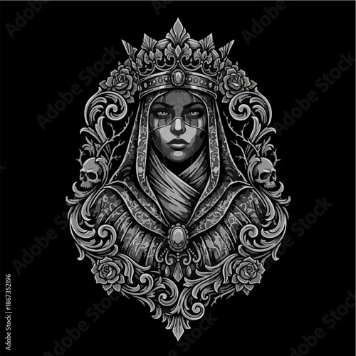 Dark Gothic Queen Illustration with Ornate Baroque Frame
