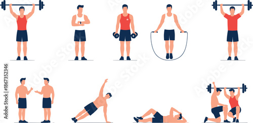 Vector Illustration Set of Men Performing Strength Training and Cardio Workouts