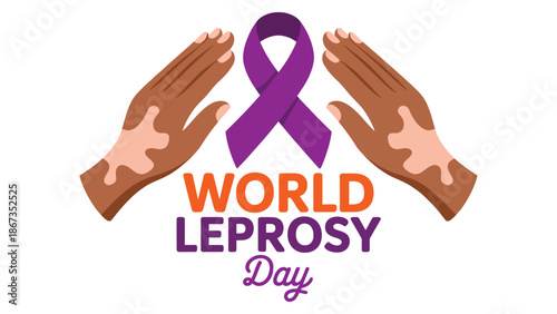  world leprosy day awareness illustration with purple ribbon and diverse helping hands symbolizing healthcare support, unity, compassion and global disease awareness campaign