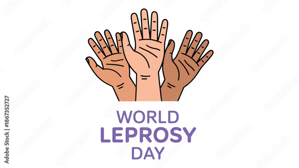 Fototapeta premium World Leprosy Day awareness illustration with diverse raised hands and purple typography on white background promoting global health education inclusion and disease awareness
