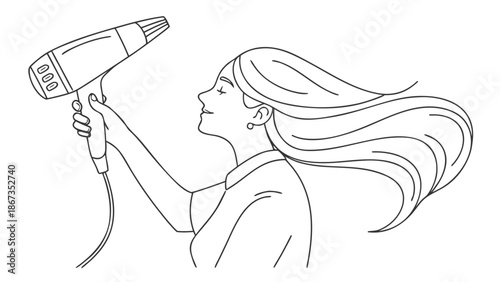 Young woman drying her long flowing hair with a hairdryer, enjoying the process.