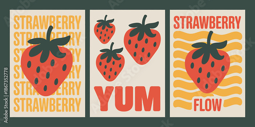 Strawberry Illustrations with Yum and Flow Text Designs
