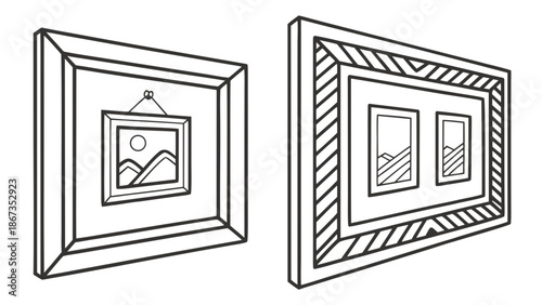 Framed artwork displayed on a wall, showcasing simple landscapes