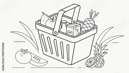 Whimsical line art of a full grocery basket with fresh fruits and dairy products