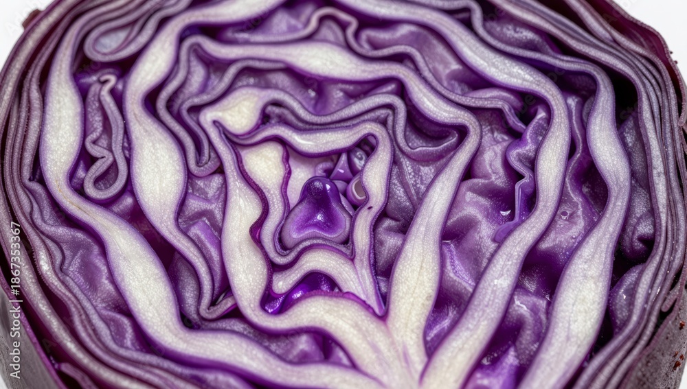 Obraz premium Close up cross section view of a vibrant purple cabbage revealing its layered structure and intricate patterns