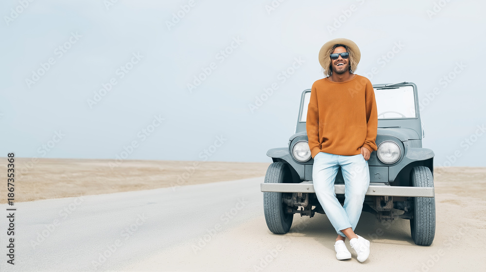 Naklejka premium Man smiling, leaning on vintage off road vehicle, enjoying road trip adventure and travel lifestyle in desert