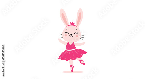 Sweet pink rabbit character dressed as a professional ballerina wearing a fluffy tutu and a crown on a plain white background.