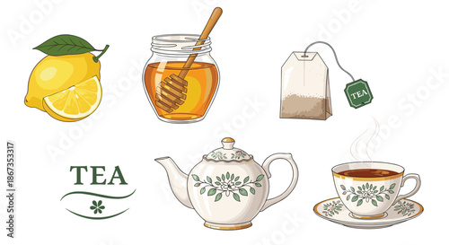 Assorted tea related items including a decorative teapot, teacup, honey jar, lemon, and a tea bag for a cozy afternoon tea.