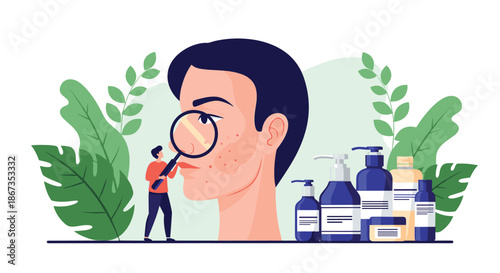 Conceptual skincare illustration of a man with facial acne being examined by a tiny dermatologist with a magnifying glass.