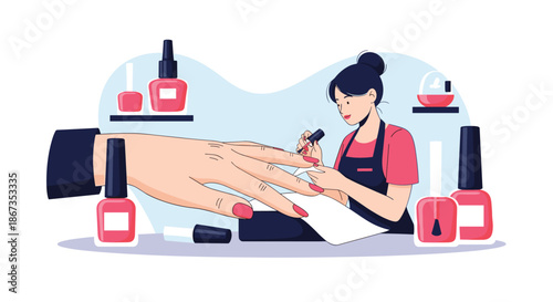 Professional manicure process showing a nail technician painting nails pink in a salon surrounded by various polish bottles.
