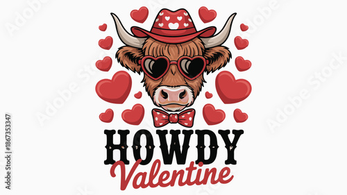 Adorable Highland Cow with Cowboy Hat and Heart Sunglasses for Valentine's Day vector illustration