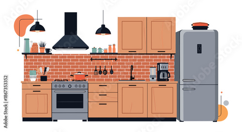 Modern and stylish kitchen interior with wooden cabinets, a large fridge, gas stove, brick wall, and various cooking utensils.