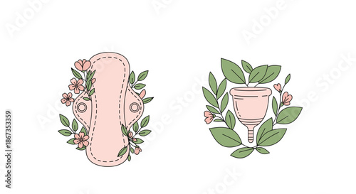 Menstrual care icons featuring a reusable cloth pad and a menstrual cup, both decorated with delicate floral patterns.