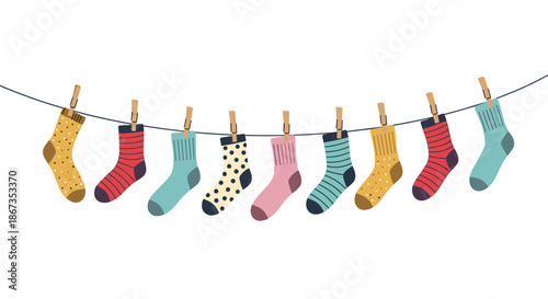 Colorful assortment of patterned socks hanging from a clothesline with wooden pins against a clean white background scene.