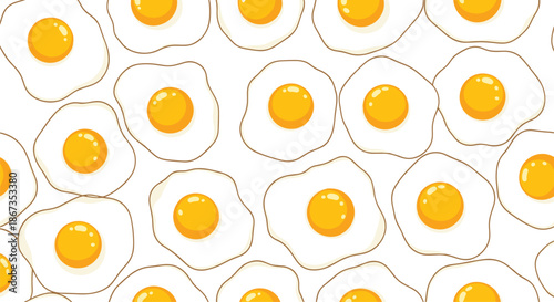 Cheerful seamless pattern of many fried eggs sunny side up arranged randomly over a clean white background for a breakfast.