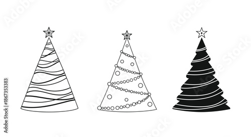 Minimalist set of three black and white stylized Christmas tree icons with stars and ornaments on a plain white background.