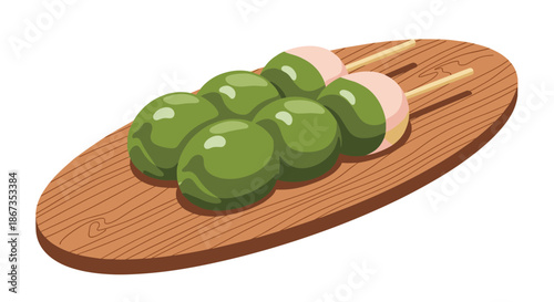Traditional Japanese sweet treat dango consisting of three green rice flour balls on wooden skewers served on a tray.