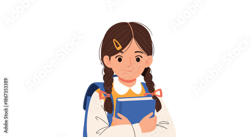 Charming illustration of a young schoolgirl with pigtails holding a blue book and wearing a backpack, ready for school.
