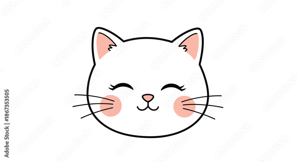 Fototapeta premium Close-up face of a cute white cat with pink ears and cheeks smiling happily on a plain white background for pet themes.