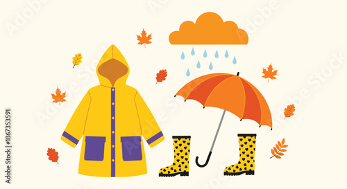 Full set of rainy day equipment including a yellow raincoat, orange umbrella, and patterned boots is displayed under a rain cloud.