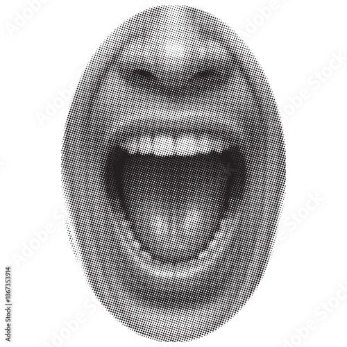 A grayscale halftone image depicting an open mouth with visible teeth