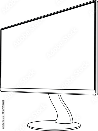 Computer monitor sketch, black and white drawing, side view screen, curved stand, office device, tech illustration, modern design, digital workspace