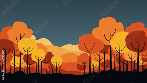 Vibrant Autumn Forest Landscape Vector Illustration with Warm Tones and Rolling Hills