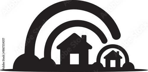 Black Silhouette Houses with Rainbow Arch