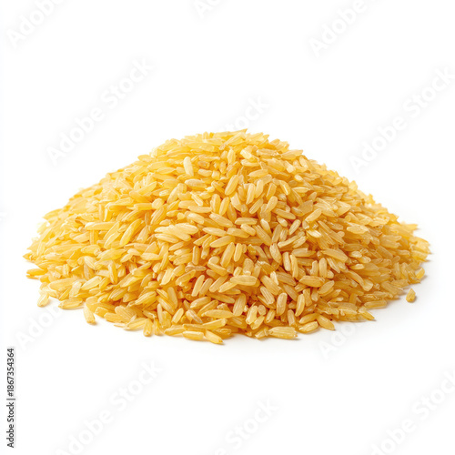 Golden parboiled rice grain heap with long grain texture on white