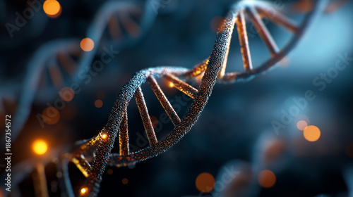 Microscopic view of DNA structure, genetic material closeup, molecular biology visualization, double helix microscopy, genome examination, hereditary information magnification, with copy space