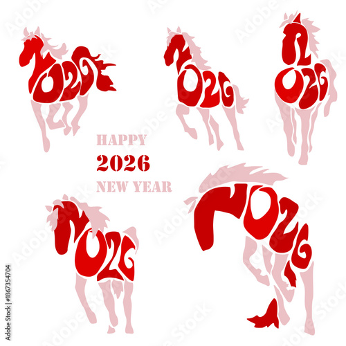 Holiday card Happy New Year 2026. Stylized image of a fire horse according to the Eastern Chinese calendar. Astrological New Year.	
