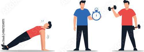Vector Set of Men Performing Reverse Plank, Bicep Curls, and Time Tracking